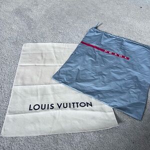Louis Vuitton Cream Dust Bag and Gray Prada Drawstring Bag